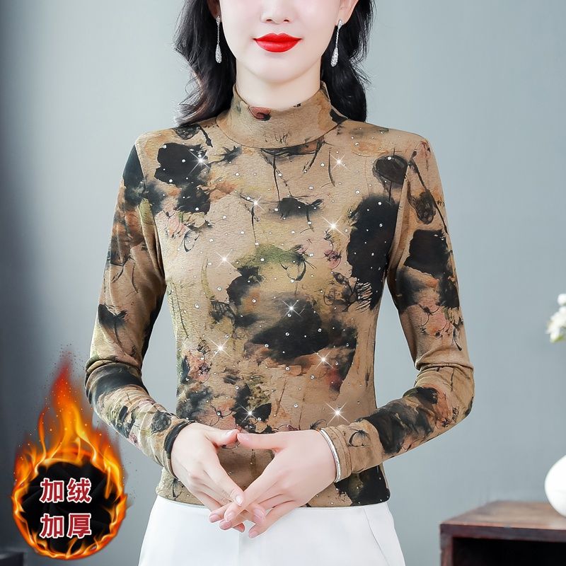 2023秋冬新款印花燙鑽長袖半高領打底衫氣質修身女顯瘦上衣小衫女