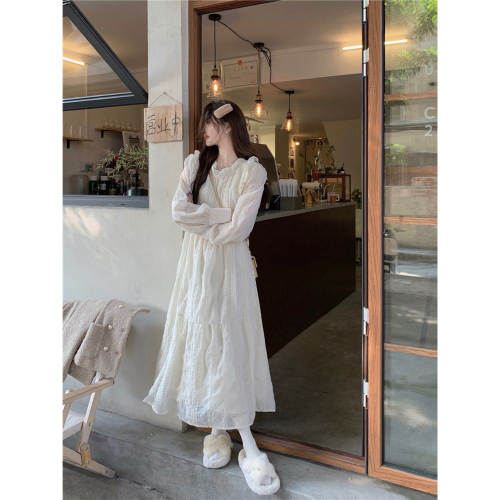 溫柔風蕾絲連衣裙女秋冬2023新款很仙的加絨加厚中長款長袖打底裙