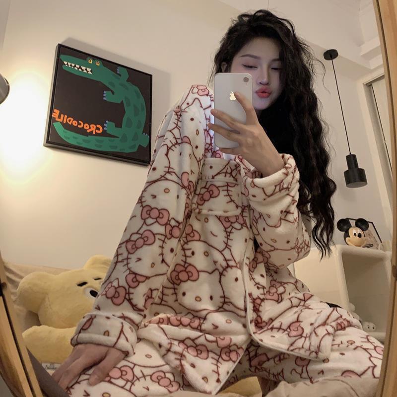 ins凱蒂貓珊瑚絨睡衣女冬季卡通秋冬款加絨加厚冬天法蘭絨家居服