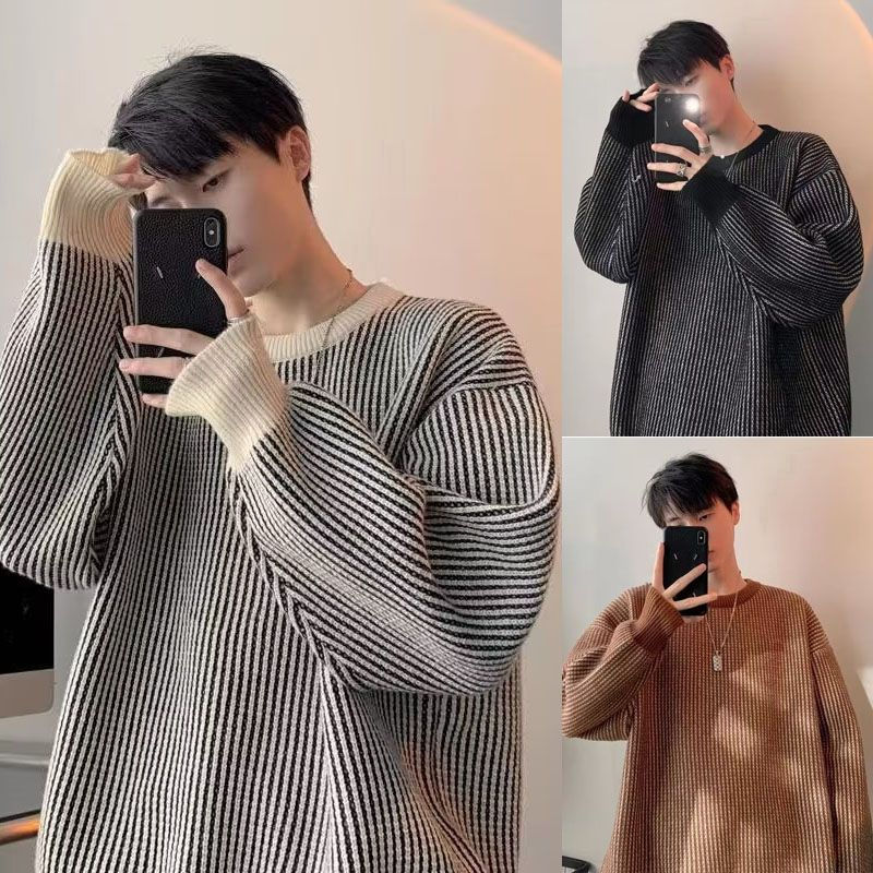 Contrast striped sweaters for men and women soft plush autumn and winter warm jackets lazy loose ins bottoming sweaters sweaters