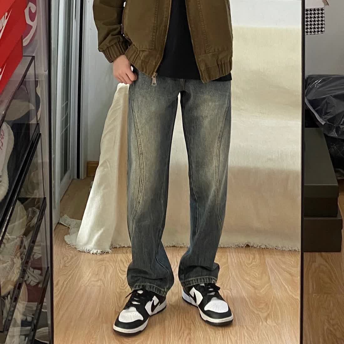 美式高街設計感分割寬鬆直筒牛仔褲男vibe風潮牌休閒闊腿褲子ins