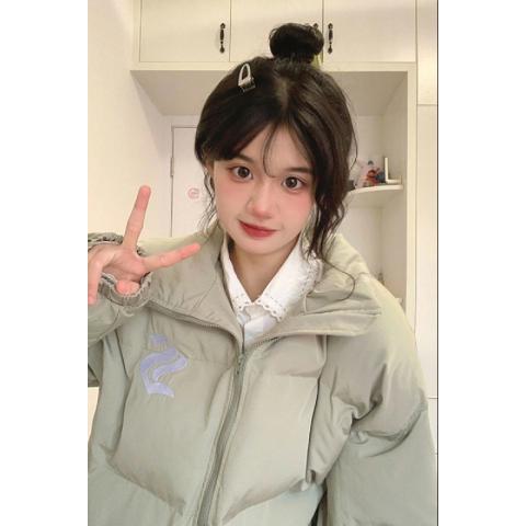 淺綠色立領加厚保暖棉服女冬季新款夾棉棉衣外套寬鬆慵懶風麵包服