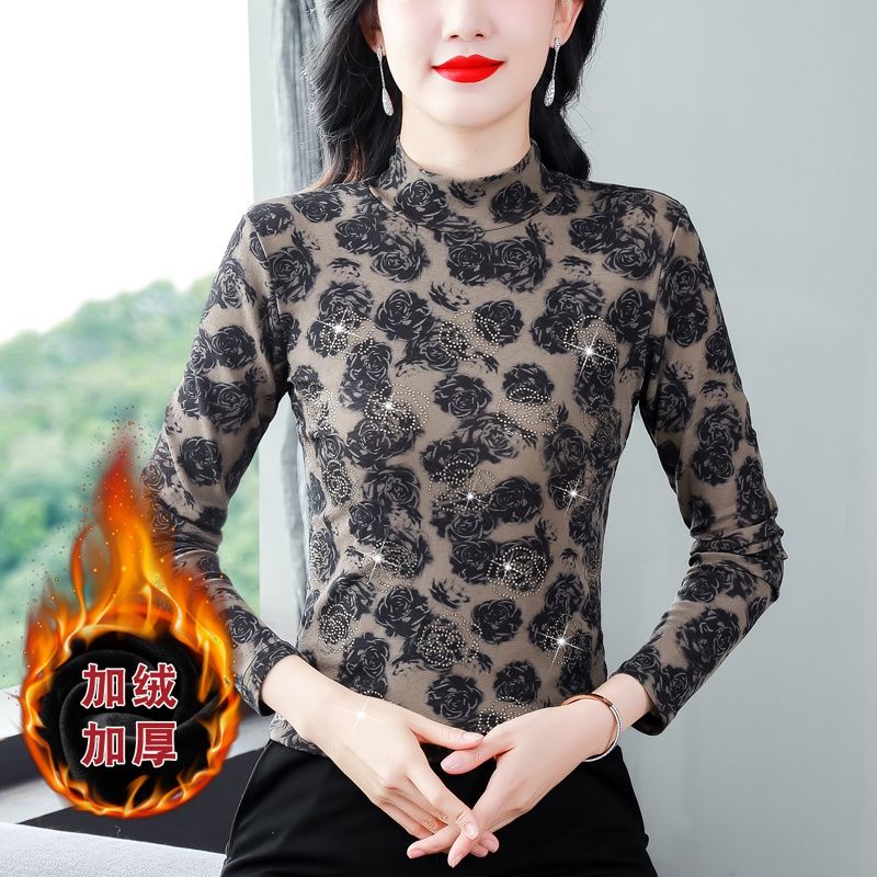 2023秋冬新款印花燙鑽長袖圓領打底衫時尚氣質顯瘦修身女上衣小衫