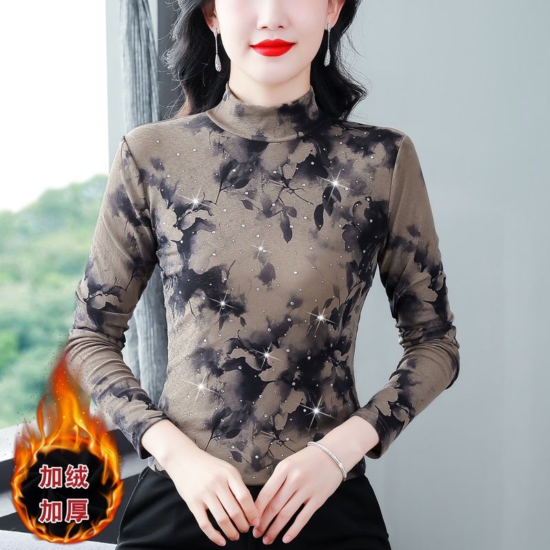 2023秋冬新款印花燙鑽長袖半高領打底衫氣質顯瘦修身女上衣小衫女