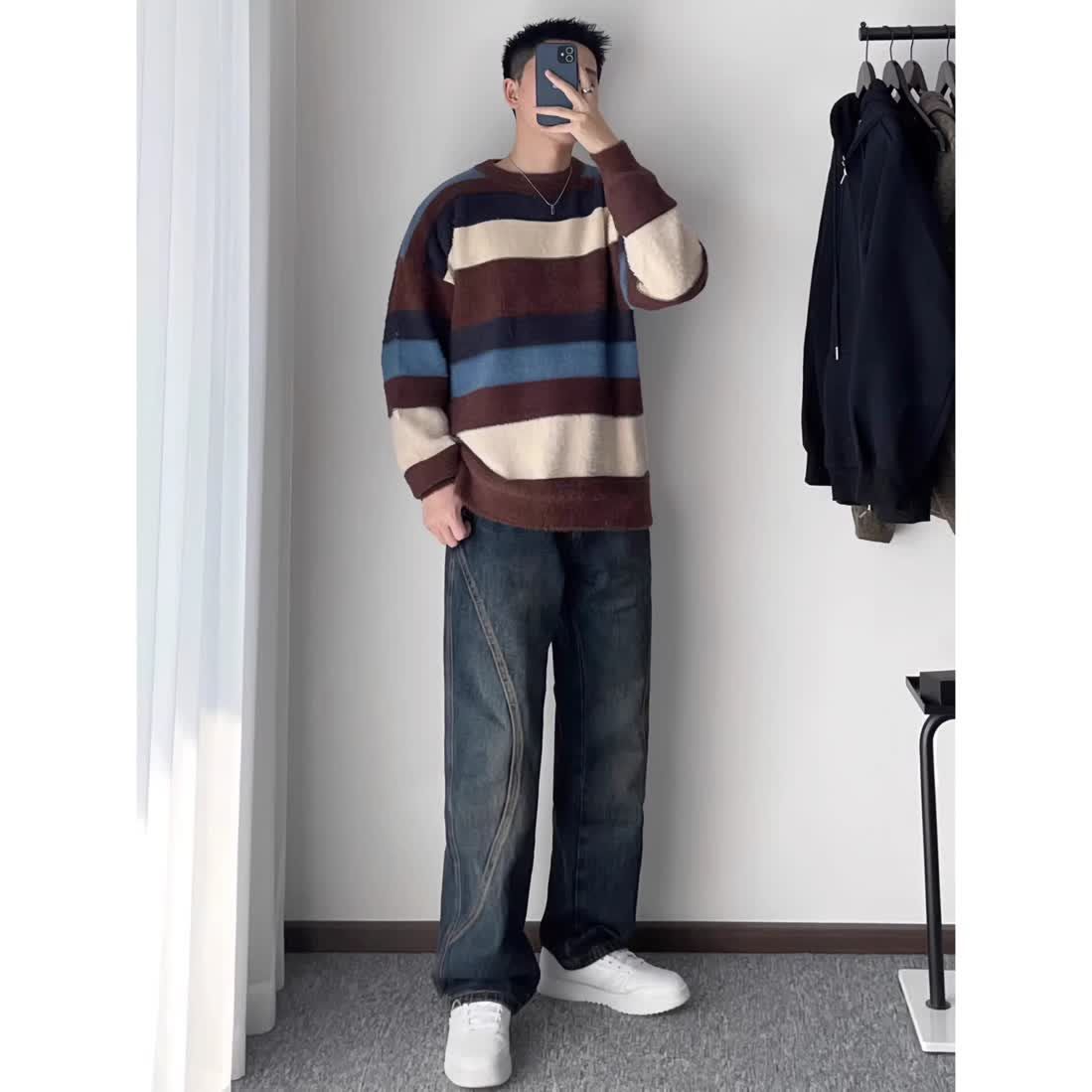 美式復古街頭設計感拼接直筒牛仔褲男秋季百搭寬鬆褲子休閒潮流風