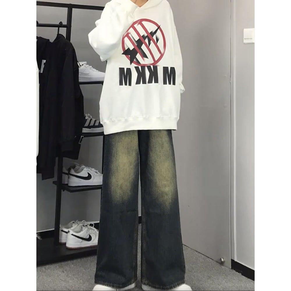 美式復古水洗黃泥直筒牛仔褲男痞帥潮牌寬鬆闊腿做舊高街漸變長褲