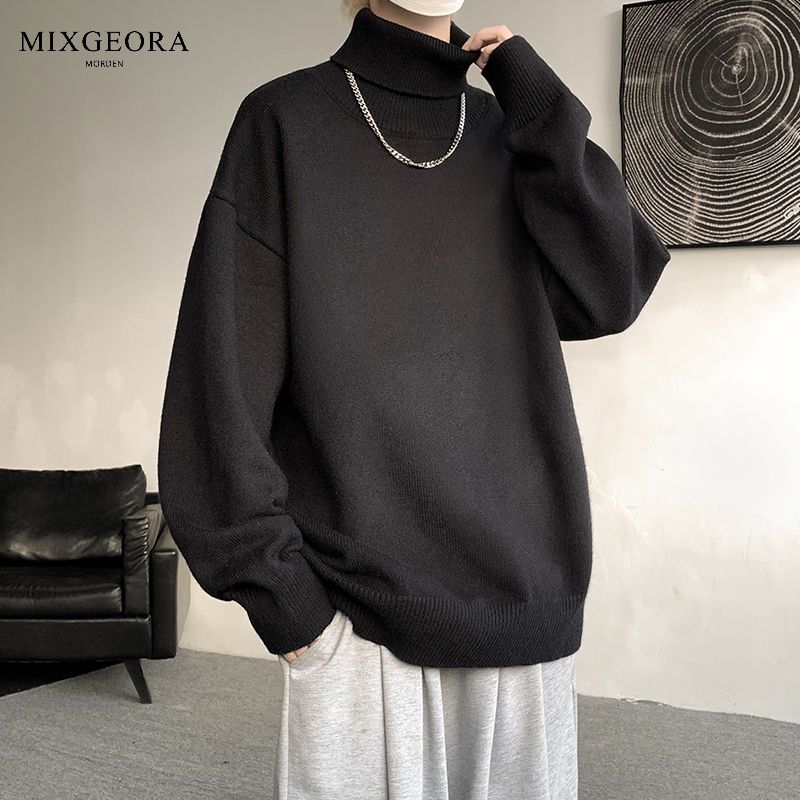 MIX GEORA纯色高领毛衣男款冬季休闲针织衫小众设计感线衣打底衫
