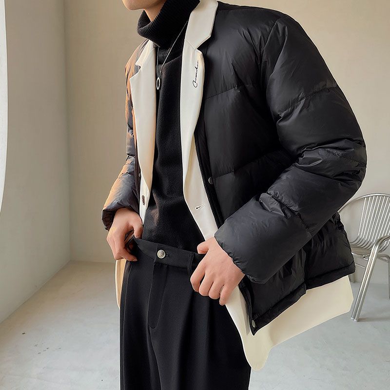 Lightweight Internet celebrity down jacket men's casual suit collar winter coat color matching fake two-piece handsome duck down jacket