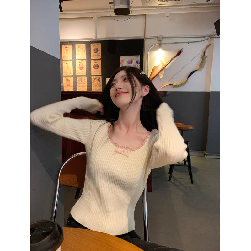 Pure lust style low-neck long-sleeved knitted bottoming shirt for women autumn and winter bow sweater slim fit short inner top