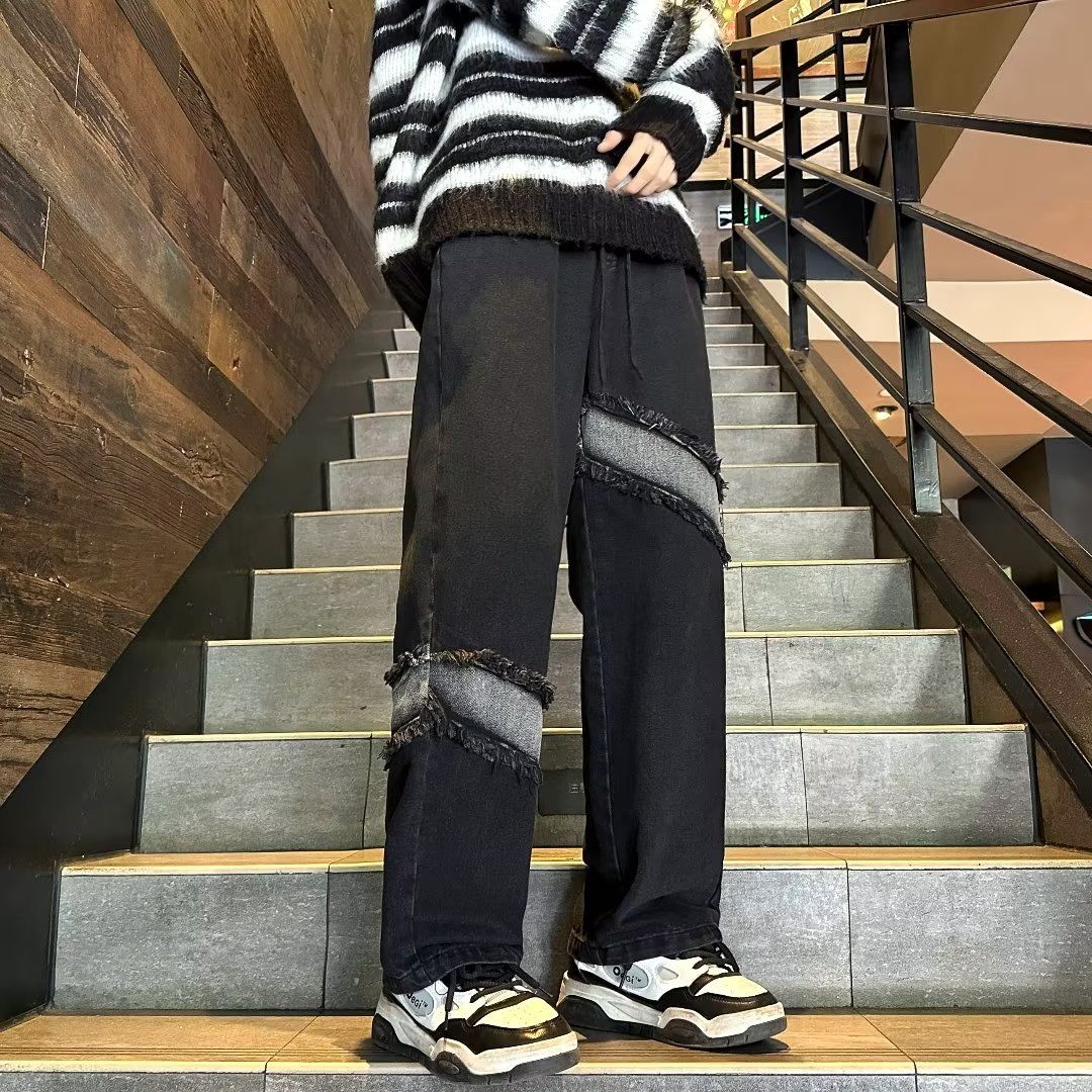 黑色痞帥扎染牛仔褲男寬鬆直筒美式拼接高街褲子小眾設計感闊腿褲