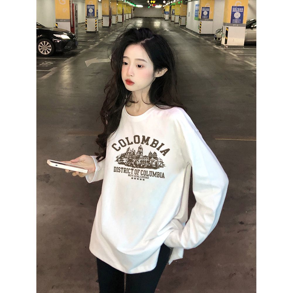 100%純棉兩側開叉長袖t恤女秋季新款寬鬆百搭ins打底衫氣質上衣潮