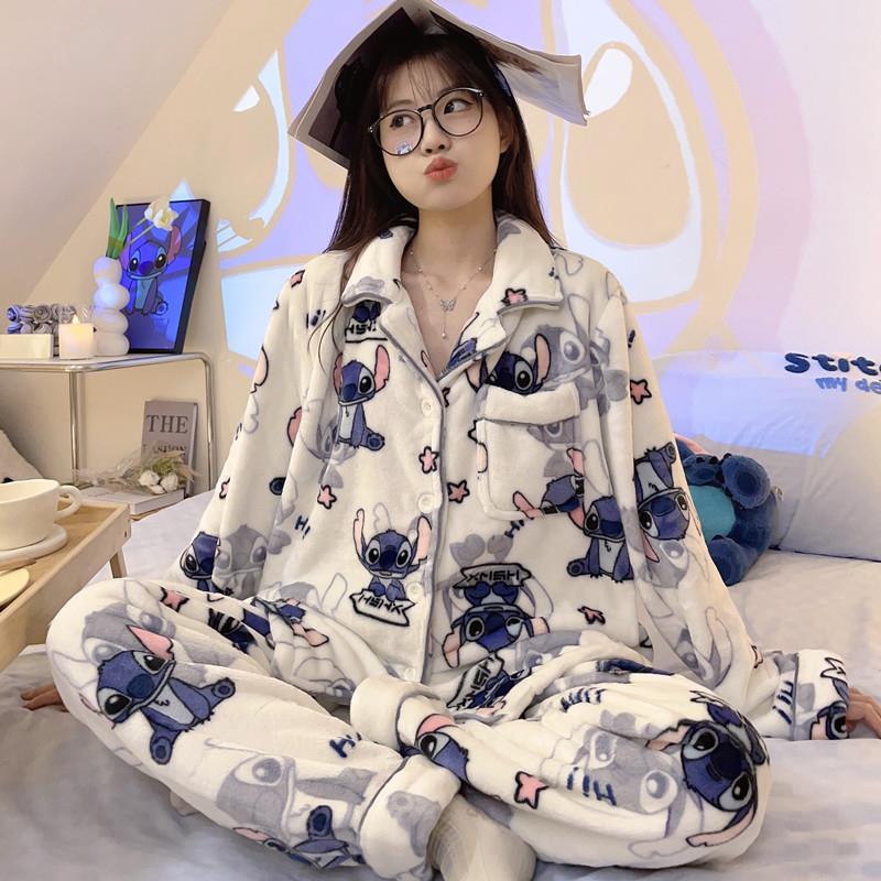 法蘭絨睡衣女冬季加絨加厚可愛史迪仔珊瑚絨秋冬可外穿家居服套裝