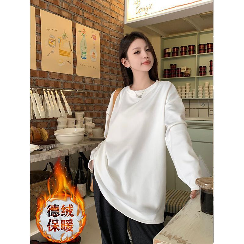 德絨加厚打底衫女秋季疊穿純色寬鬆顯瘦上衣圓領白色長袖t恤