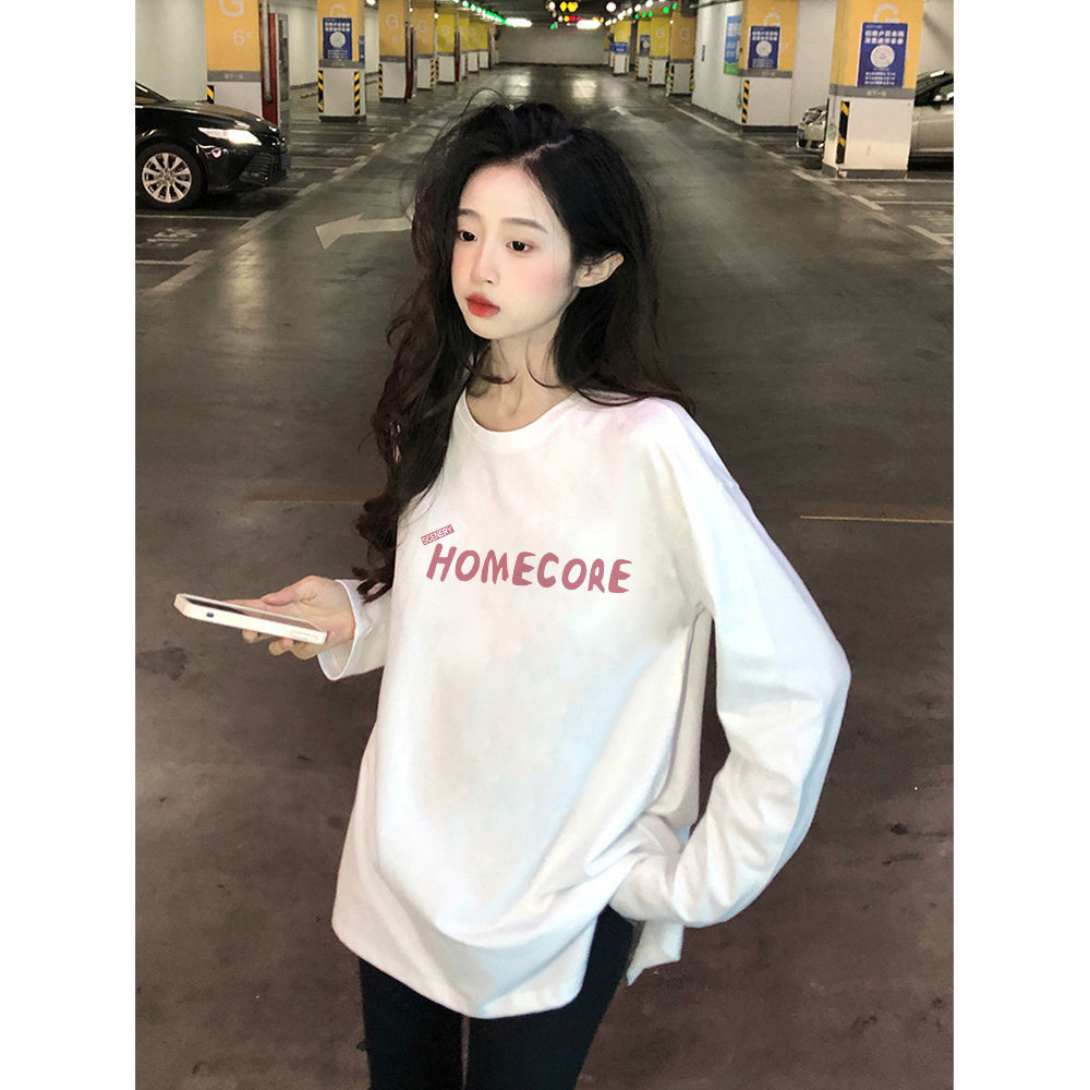 100%純棉兩側開叉長袖t恤女秋季新款寬鬆百搭ins打底衫氣質上衣潮