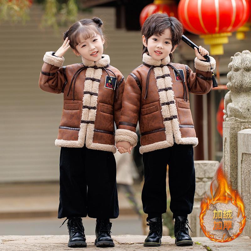 男童皮衣外套加绒秋冬中国风新年装拜年服儿童唐装宝宝加厚皮夹克