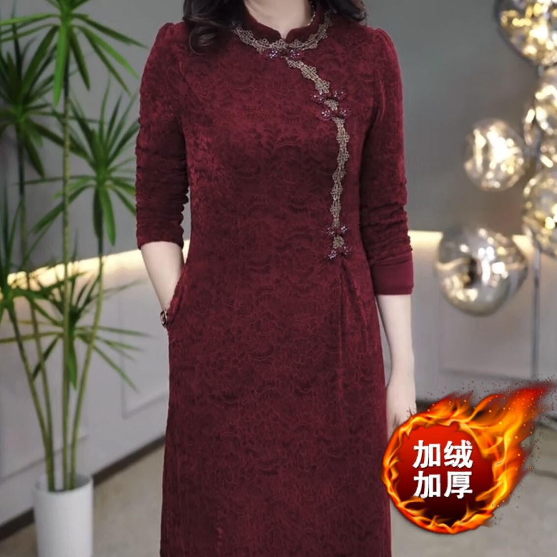 國風婚宴加絨加厚植絨蕾絲連衣裙2023新款女裝冬季改良版旗袍裙子