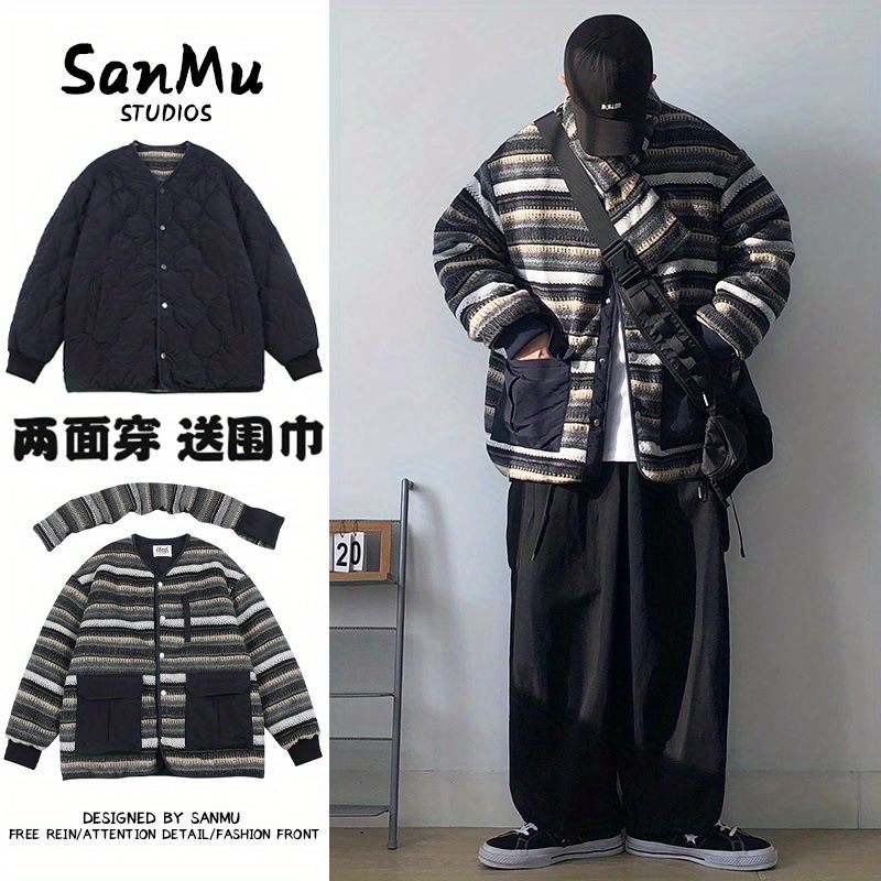 日系復古加厚兩面穿民族風cityboy棉服外套男冬季寬鬆無領潮牌女