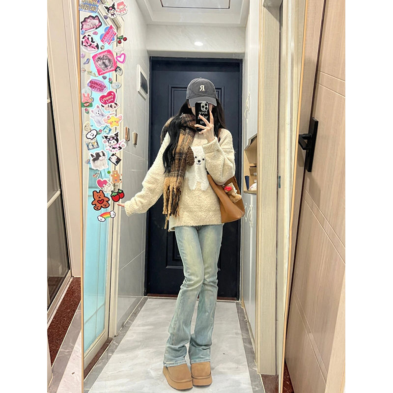 Designed plush long-eared puppy jacquard sweater for women in autumn and winter new loose and slim long-sleeved knitted top