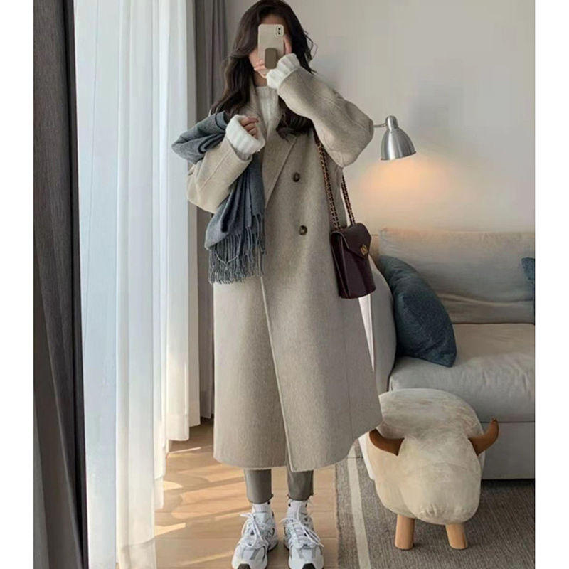 燕麥色呢子大衣女中長款新款秋冬小個子赫本風高級感加厚毛呢外套