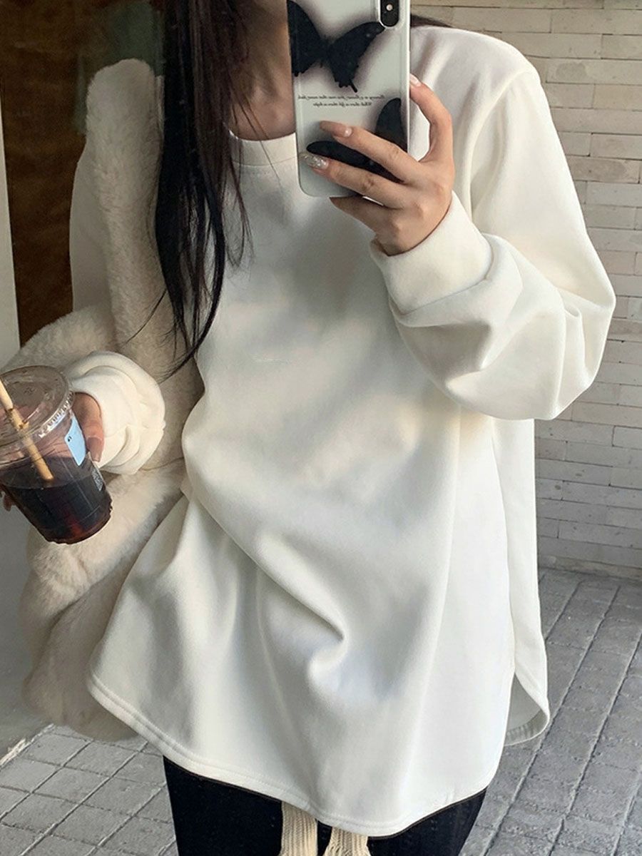 重磅t恤白色打底衫女冬季雙面加厚寬鬆大版慵懶風內搭長袖上衣服