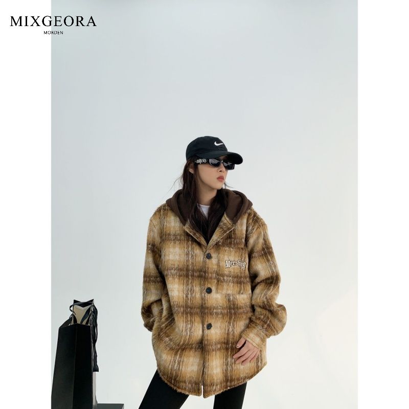 MIX GEORA autumn and winter American high-end niche woolen jacket loose embroidered plaid woolen hooded jacket