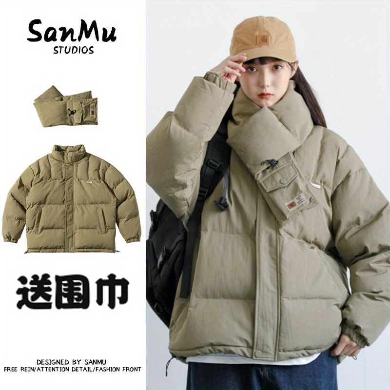 送圍巾日系戶外工裝立領加厚麵包棉服男女BF中性寬鬆棉衣情侶外套