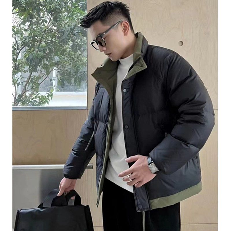 Men's winter short stand-collar cotton coat, trendy brand new Korean style color-blocked bread coat, fashionable warm and thickened jacket