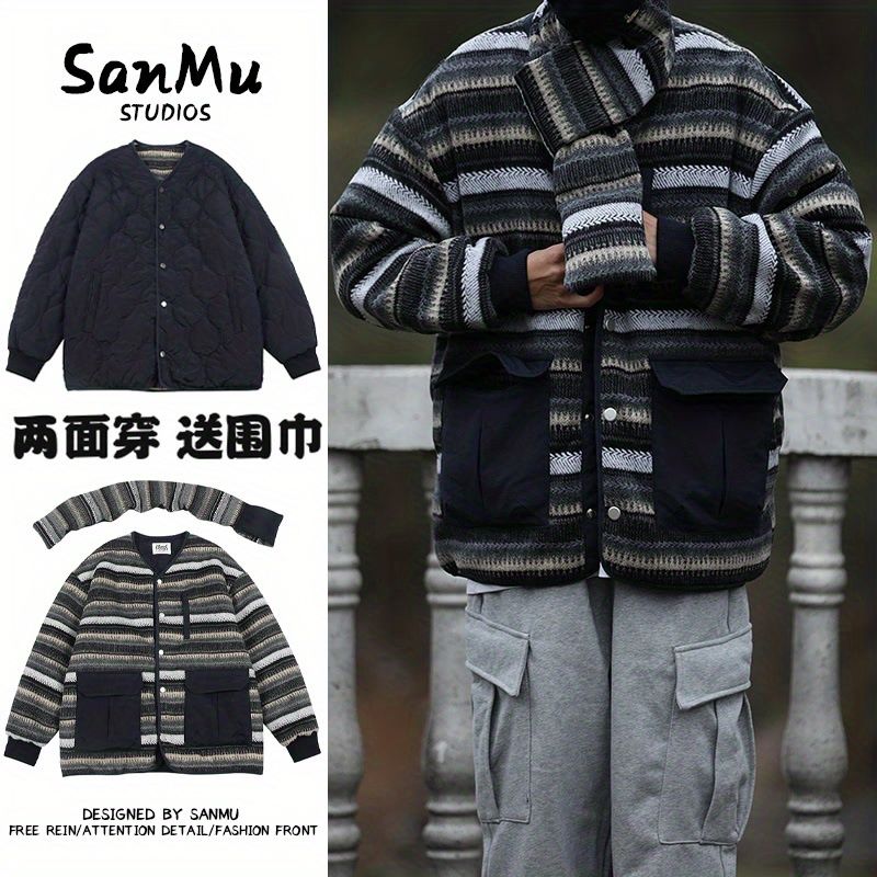 冬季雙面穿棉服男日系復古無領寬鬆學院風休閒夾克棉衣送圍巾外套