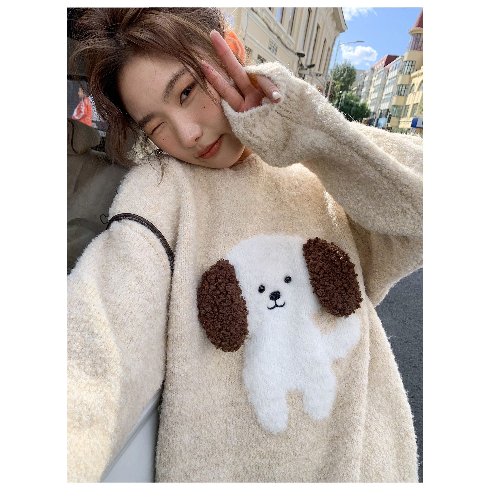 毛絨小狗提花軟糯寬鬆毛衣女秋冬2023新款寬鬆慵懶小個子針織衫