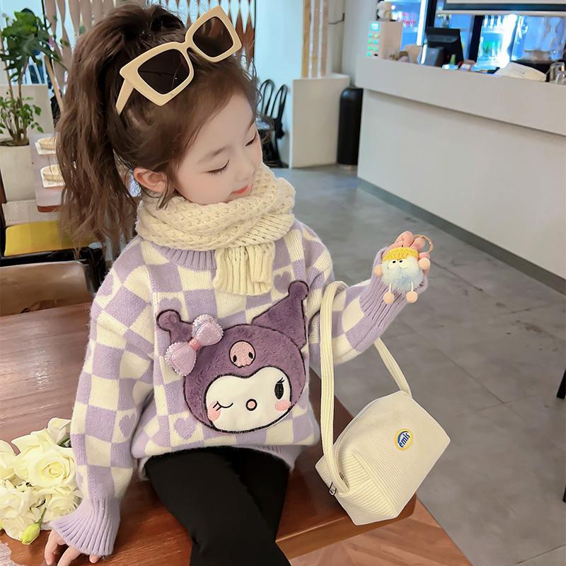 女童毛衣秋裝2023新款小女孩加絨上衣寶寶冬季套頭打底兒童針織衫