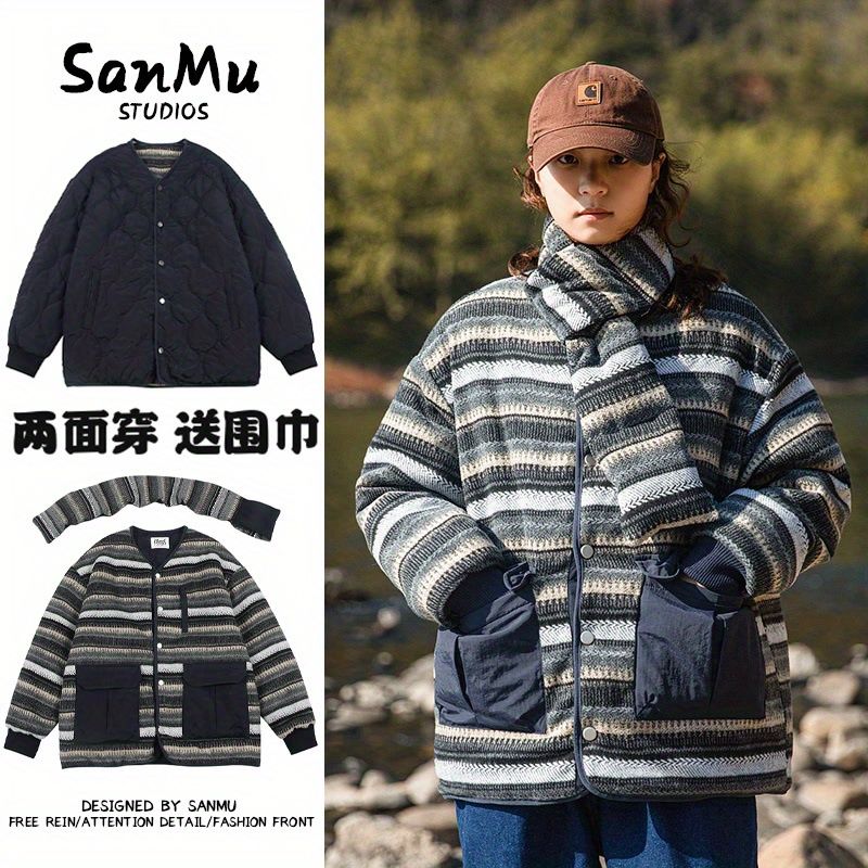 冬季日系復古兩面穿毛呢拼接棉服男女情侶學院風工裝保暖棉服圍巾
