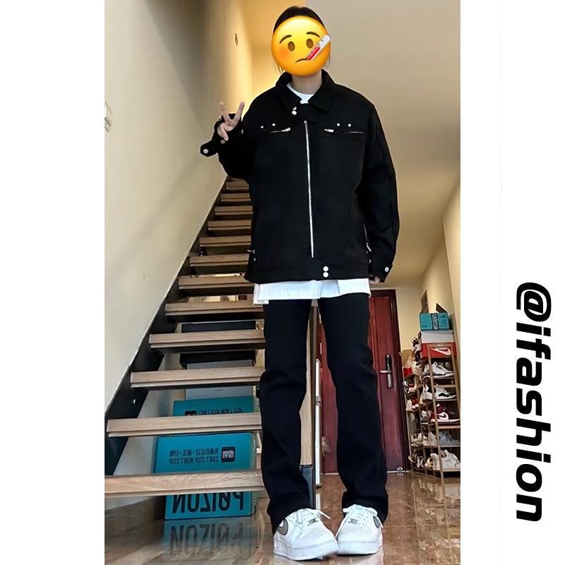 美式高街微喇叭牛仔褲男女款修身黑色長褲子vibe風顯瘦顯高直筒褲