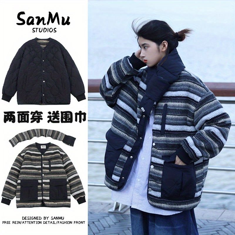日系復古兩面穿圍脖加厚棉服冬季男女百搭學院風工裝棉衣保暖外套