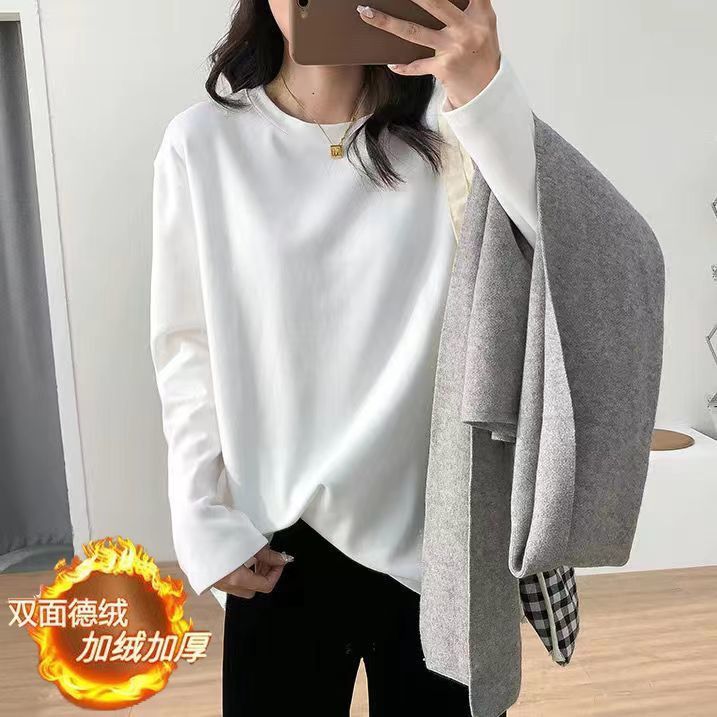 加厚保暖白色長袖T恤女雙面德絨圓領套頭寬鬆內搭打底衫ins學生