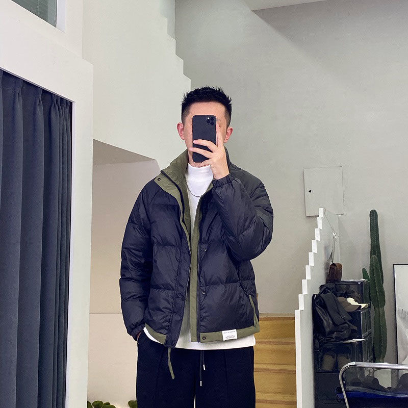 Men's winter thickened color matching loose warm jacket stand collar Korean style casual American top new trend
