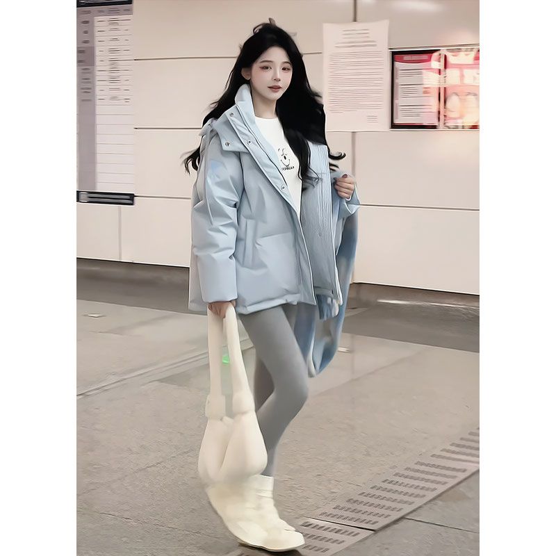加厚保暖連帽棉服女冬季新款休閒時尚閒寬鬆百搭防寒棉衣藍色外套