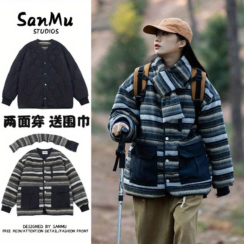 （帶圍脖）日系復古寬鬆毛呢兩面穿情侶棉服男女學院風棉衣外套冬