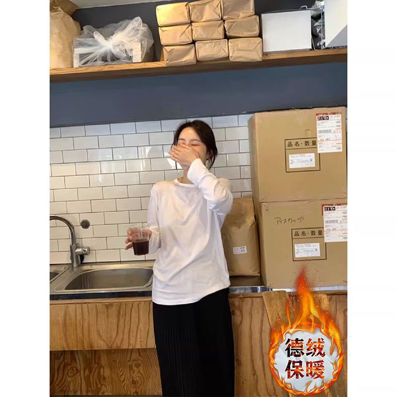 純色軟糯親膚雙面德絨圓領長袖T恤女秋冬內搭保暖打底衫加厚上衣