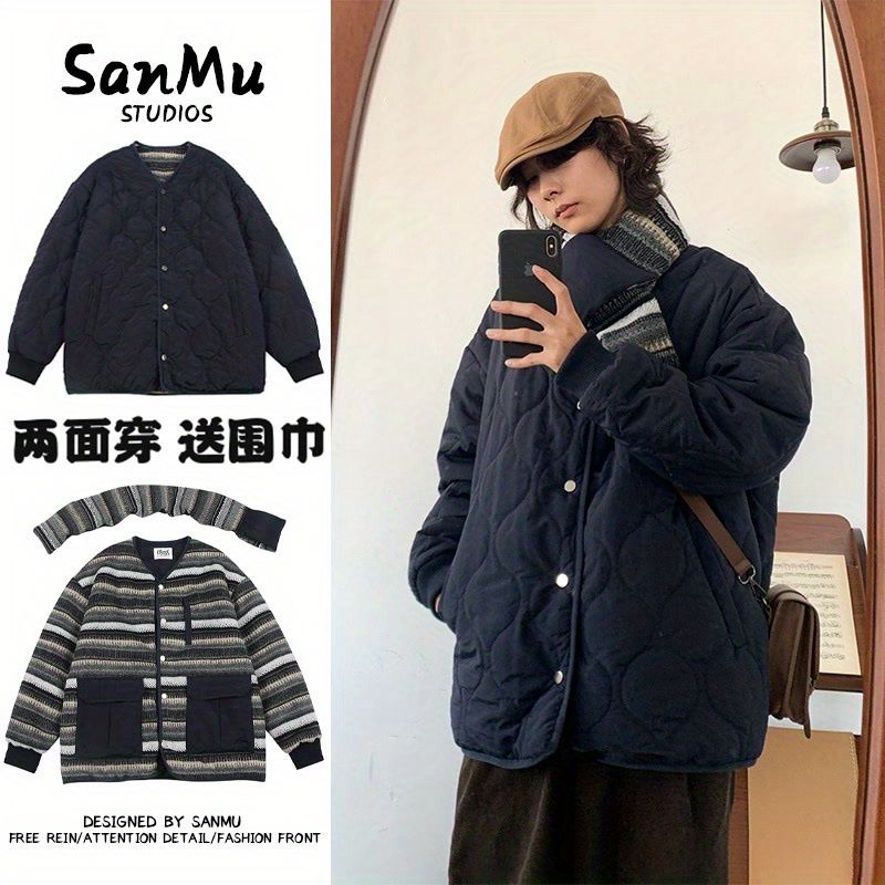 冬季帶圍巾棉服日系復古兩面穿棉衣男寬鬆休閒保暖加厚外套女情侶