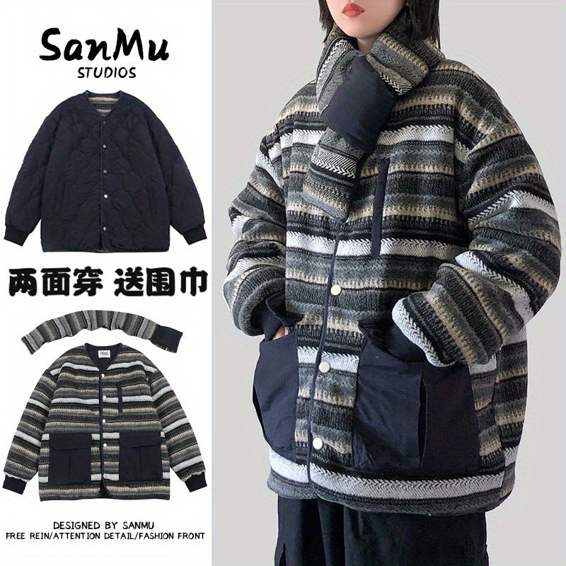 日系復古兩面穿寬鬆無領工裝棉服情侶外套男女冬季棉衣/帶圍脖潮