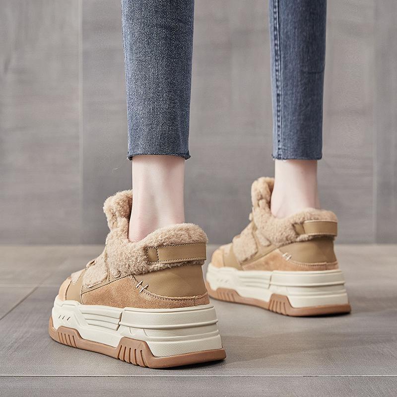 Thick-soled high-top sneakers for women 2023 autumn and winter new style internet celebrity super popular casual plus velvet cotton shoes for outer wear furry shoes