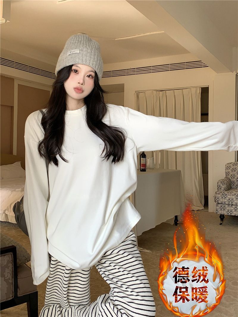 雙面德絨打底衫女圓領白色加絨加厚2023秋冬保暖寬鬆磨毛打底衫女