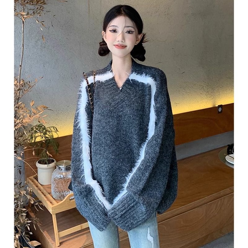 設計感撞色仿貂絨拼接毛衣女秋冬慵懶風寬鬆V領套頭針織衫上衣