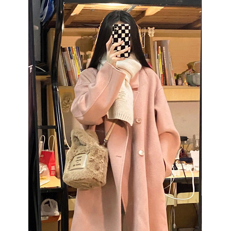 粉色毛呢外套女中長款2023新款秋冬妮子小個子赫本風加厚呢子大衣
