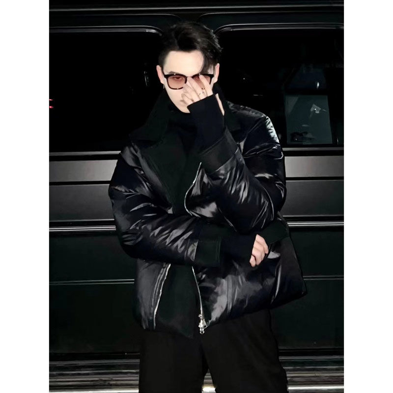 痞帅高级感黑色西装领棉衣男冬季韩系穿搭设计感假两件斜拉链棉服