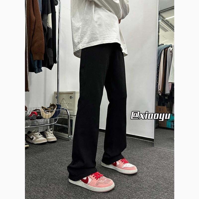 純黑色修身微喇叭褲子男款街頭hiphop美式潮牌顯瘦直筒長版牛仔褲
