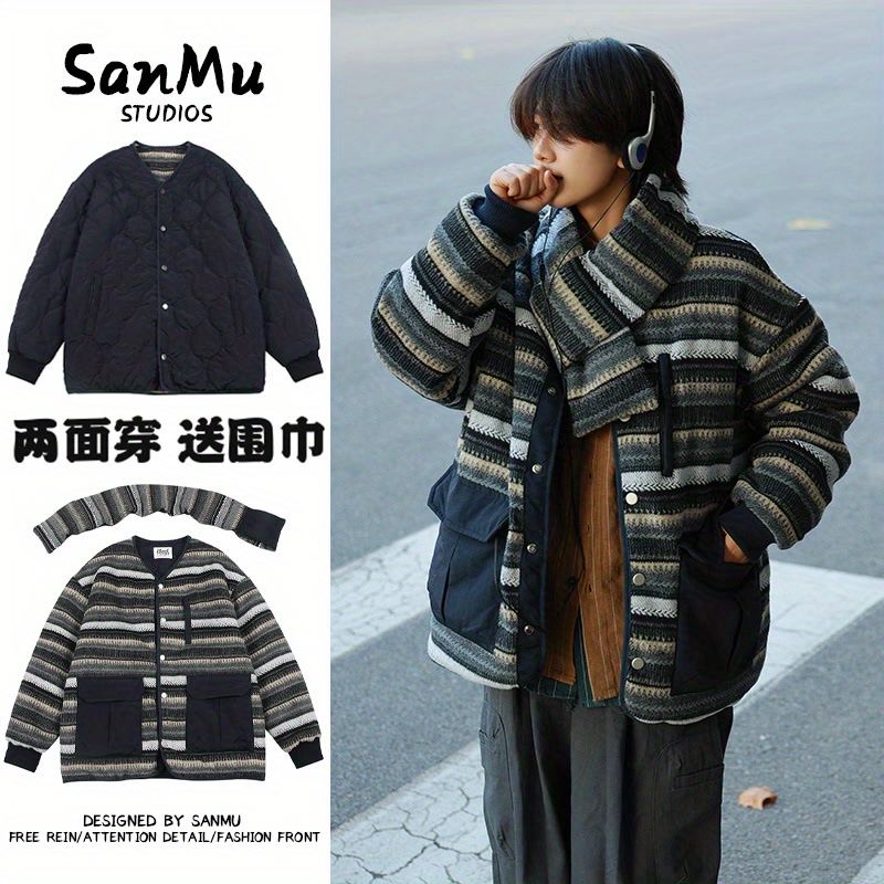 冬季兩面穿無領棉服日系復古條紋加厚毛呢服男送圍脖情侶保暖棉衣