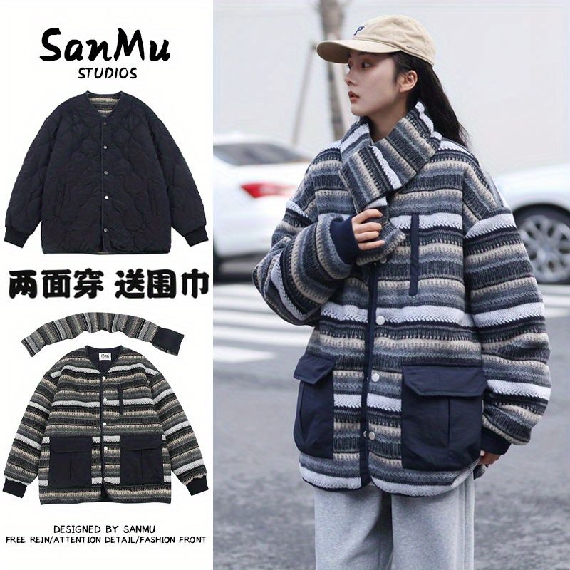 冬季可拆卸圍巾雙面穿棉衣男女棉服日系ins復古加厚保暖情侶外套