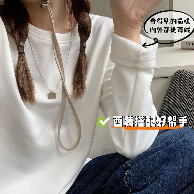 加絨加厚長袖T恤女秋冬內搭疊穿德絨打底衫磨毛保暖寬鬆顯瘦上衣