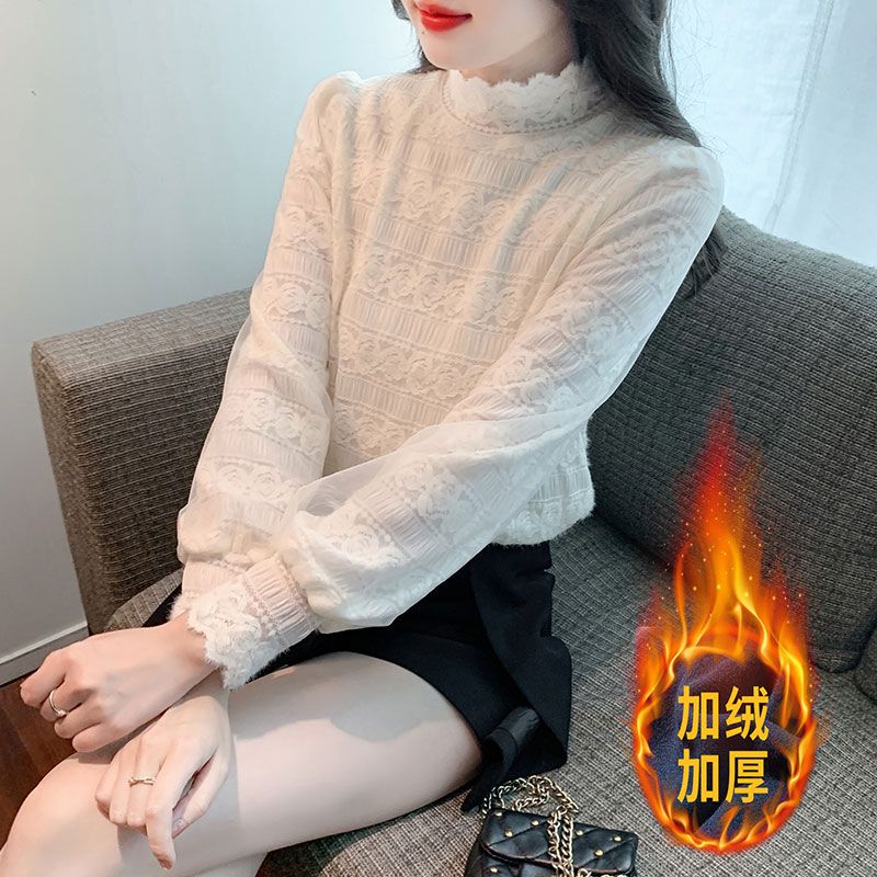 半高領蕾絲打底衫女內搭秋冬款2023冬季新款時尚洋氣小衫時髦上衣